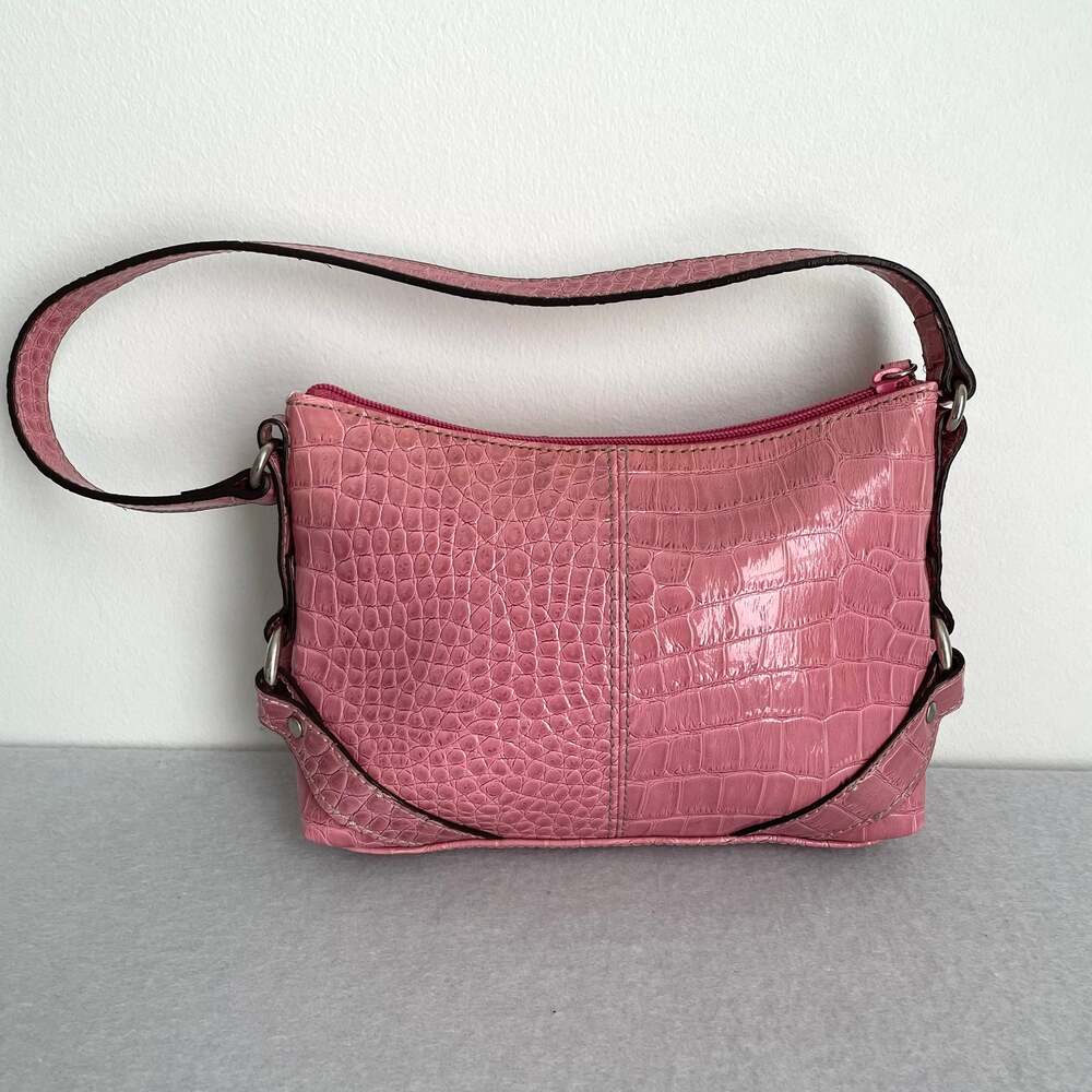 Vintage Y2K Nine West Pink Croc Embossed Baguette Shoulder Bag Faux Leather